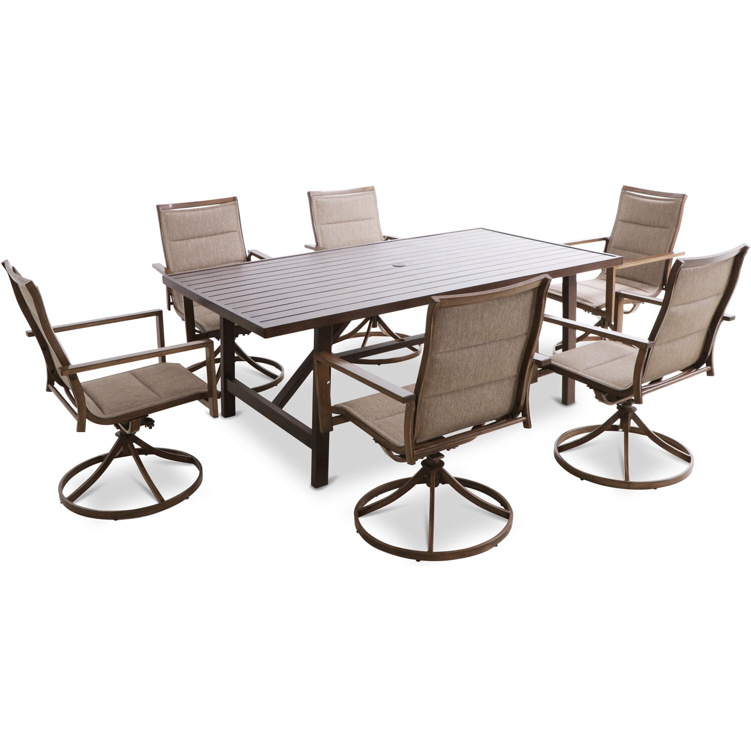 Mod Furniture Atlas 7-Piece Modern Outdoor Dining Set with 6 Swivel Padded Sling Chairs and Trestle Style Table, ATLASDN7PCSW6-TAN