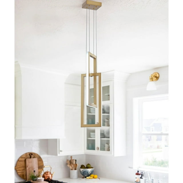 Modern 2-Light Geometric Linear Rectangle LED Pendant Gold