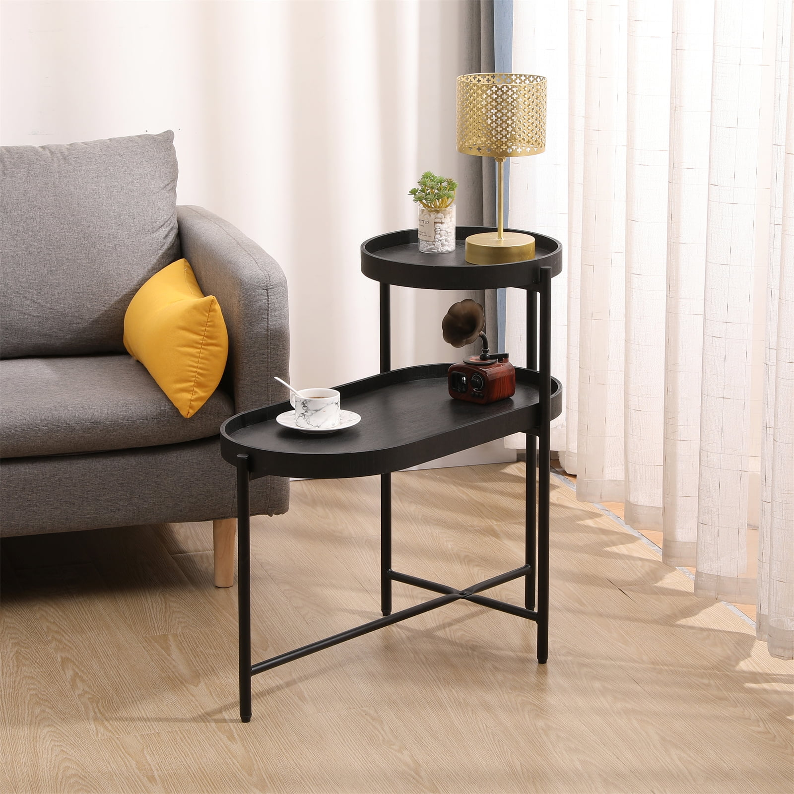 Modern 2-Tier Side Table, Round and Oval End Table with X-shaped Frame and Wood Tray, Irregular Coffee Table for Small Space, Living Room