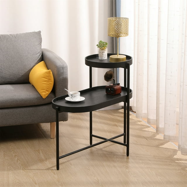 Modern 2-Tier Side Table, Round and Oval End Table with X-shaped Frame and Wood Tray, Irregular Coffee Table for Small Space, Living Room