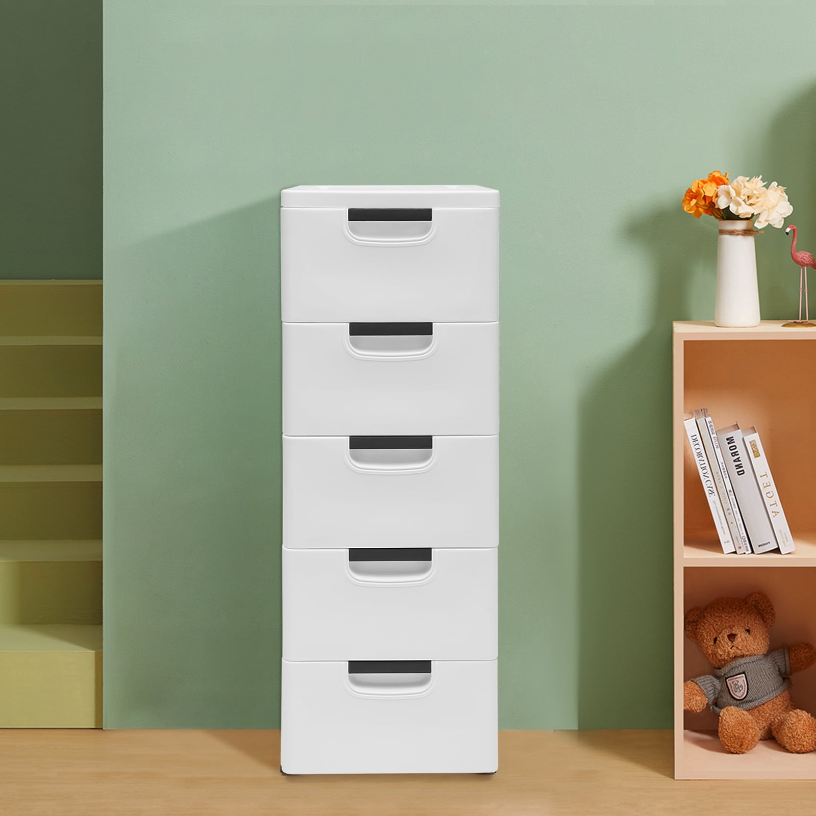 Aiqidi 5 Plastic Drawers Dresser, 5 Layers Vertical Stackable Storage Cabinet Bedroom Tower Closet Organizer w/4 Wheels (White)