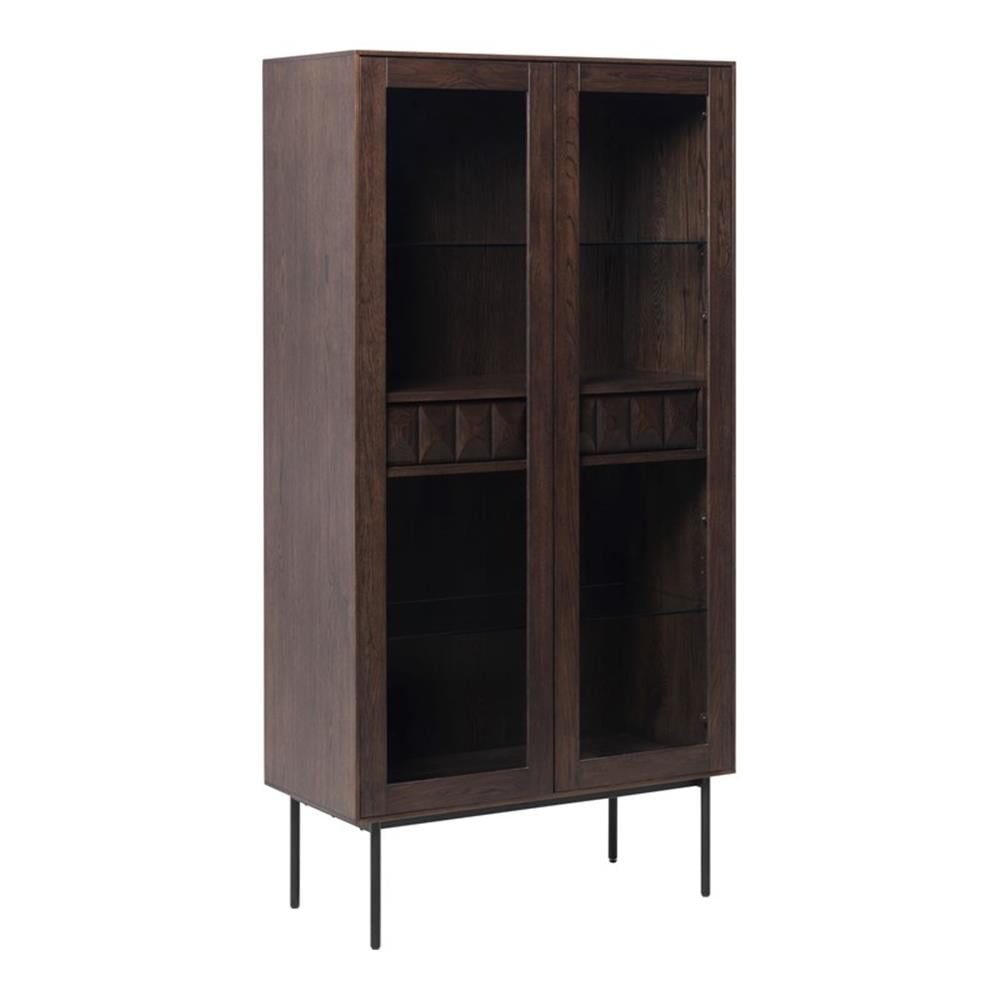 Modern 73-inch Tall Glass Display Cabinet with Drawers - Espresso Oak