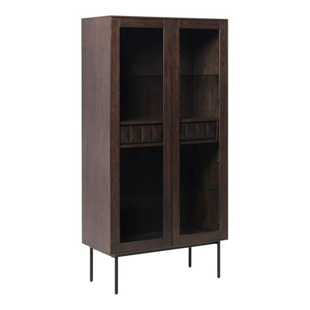 Modern 73-inch Tall Glass Display Cabinet with Drawers - Espresso Oak