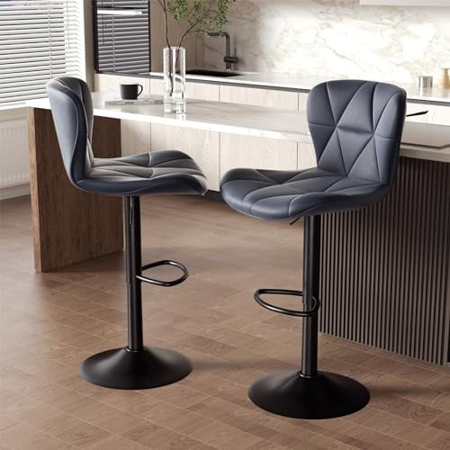 Modern Bar Stool Set of 2, Adjustable Faux Leather Upholstered Swivel Counter Stools, Counter Height Barstools with Back for Kitchen Island, Light Grey