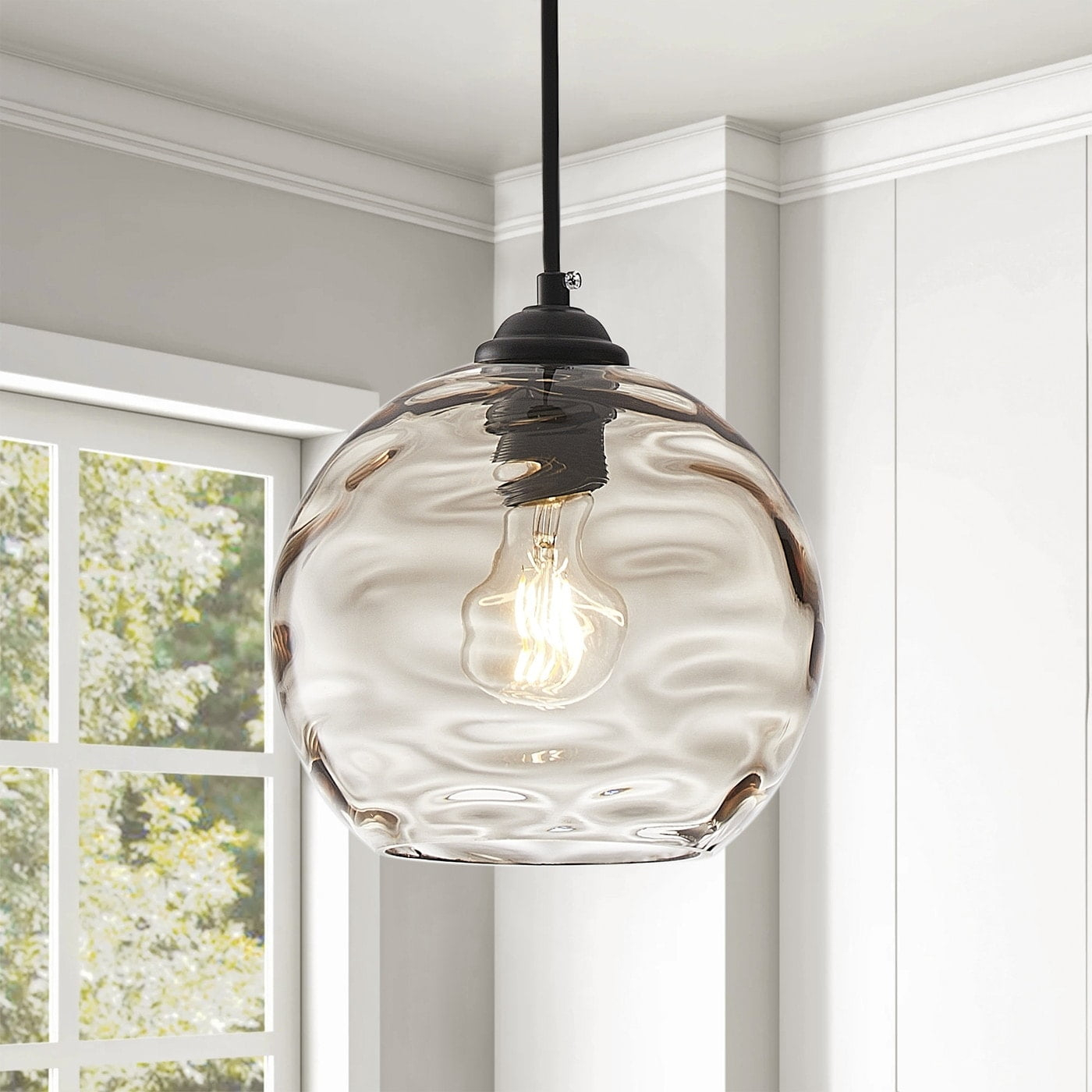 Modern Black 1-Light Clear Water Ripple Glass Shade Hanging Lamp