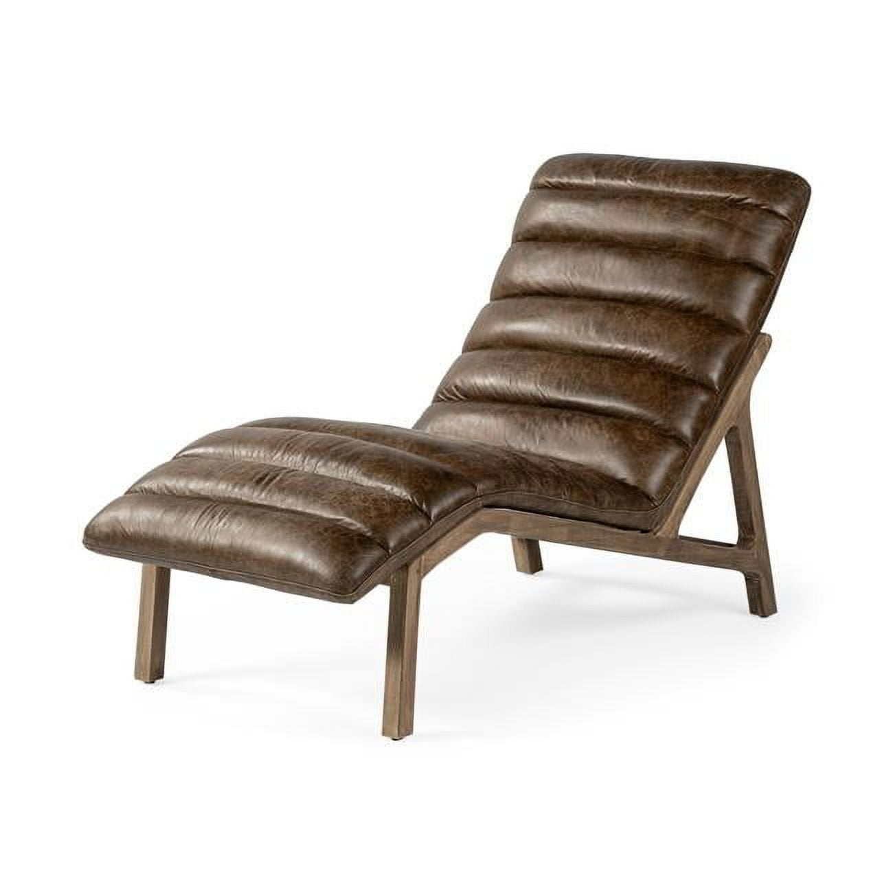 Modern Brown Genuine Leather Chaise Lounge Chair with Solid Wood Frame & Base