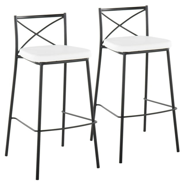 Modern Charlotte 30" Contemporary Fixed-Height Barstool In Black Metal And White Faux Leather - Set Of 2