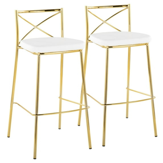 Modern Charlotte 30" Contemporary Fixed-Height Barstool In Gold Metal And White Faux Leather - Set Of 2