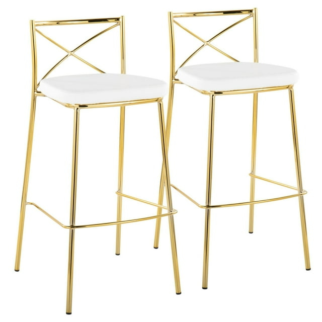 Modern Charlotte 30" Contemporary Fixed-Height Barstool In Gold Metal And White Faux Leather - Set Of 2