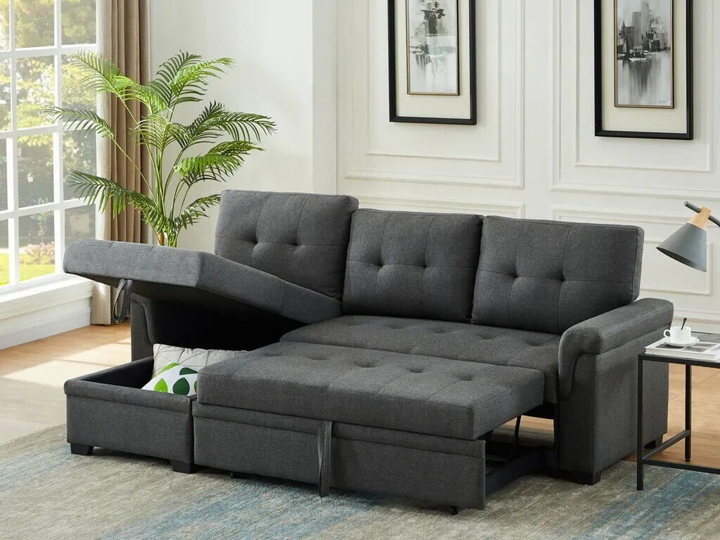 Sierra Dark Gray Fabric Reversible Sleeper Sectional Sofa with Storage Chaise
