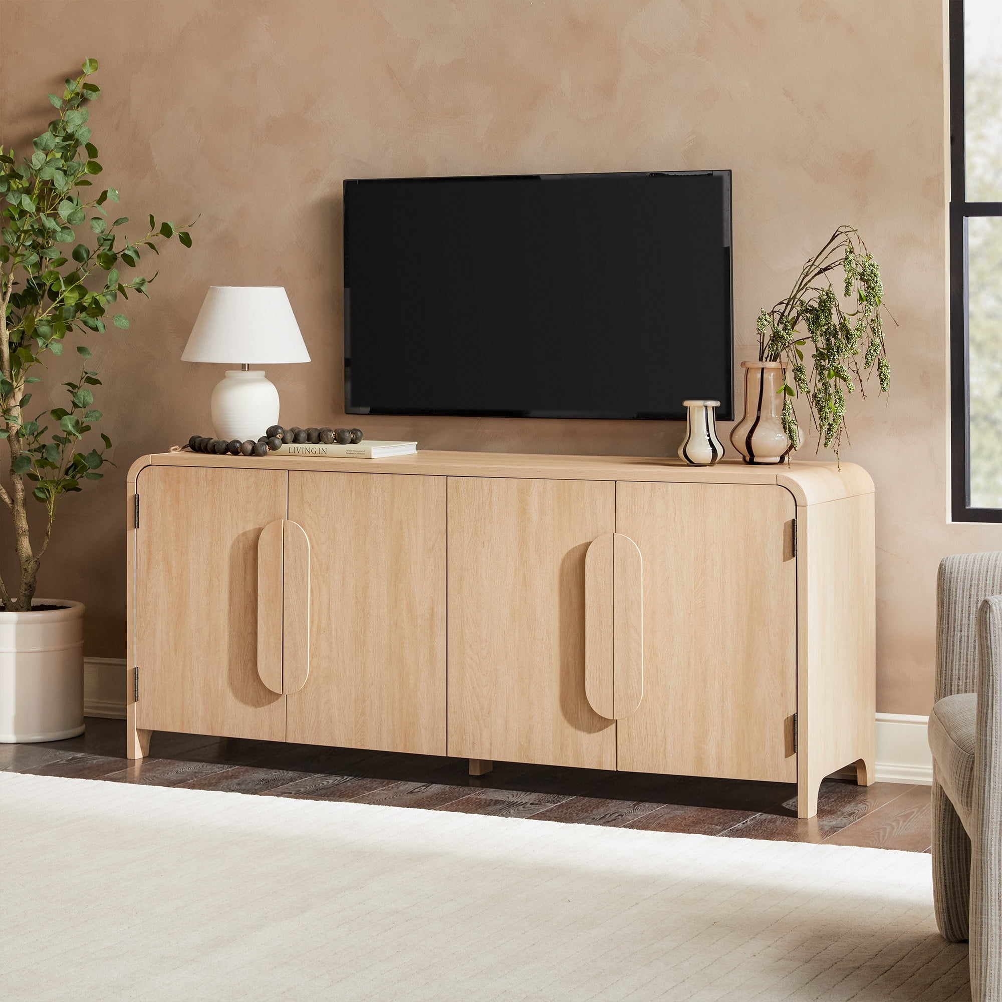 Modern Curved 70" Buffet Sideboard and TV Stand for up to 80" TV Coastal Oak