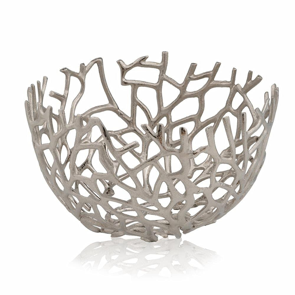 Modern Day Accents Twigs Round, Silver, Bowl, Holds Fruits, Keys, Phones, Accessories, Fillers, & Spheres, Branches, Tabletop, Accent, Modern, Aluminum, 14.5" x 14.5" x 8.5"