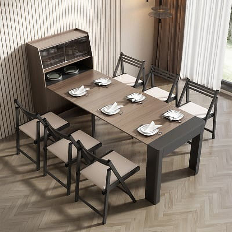 Modern Extendable Dining Table with Storage, Farmhouse Kitchen Table Rectangle Sideboard Glass Door (Walnut & Gray)