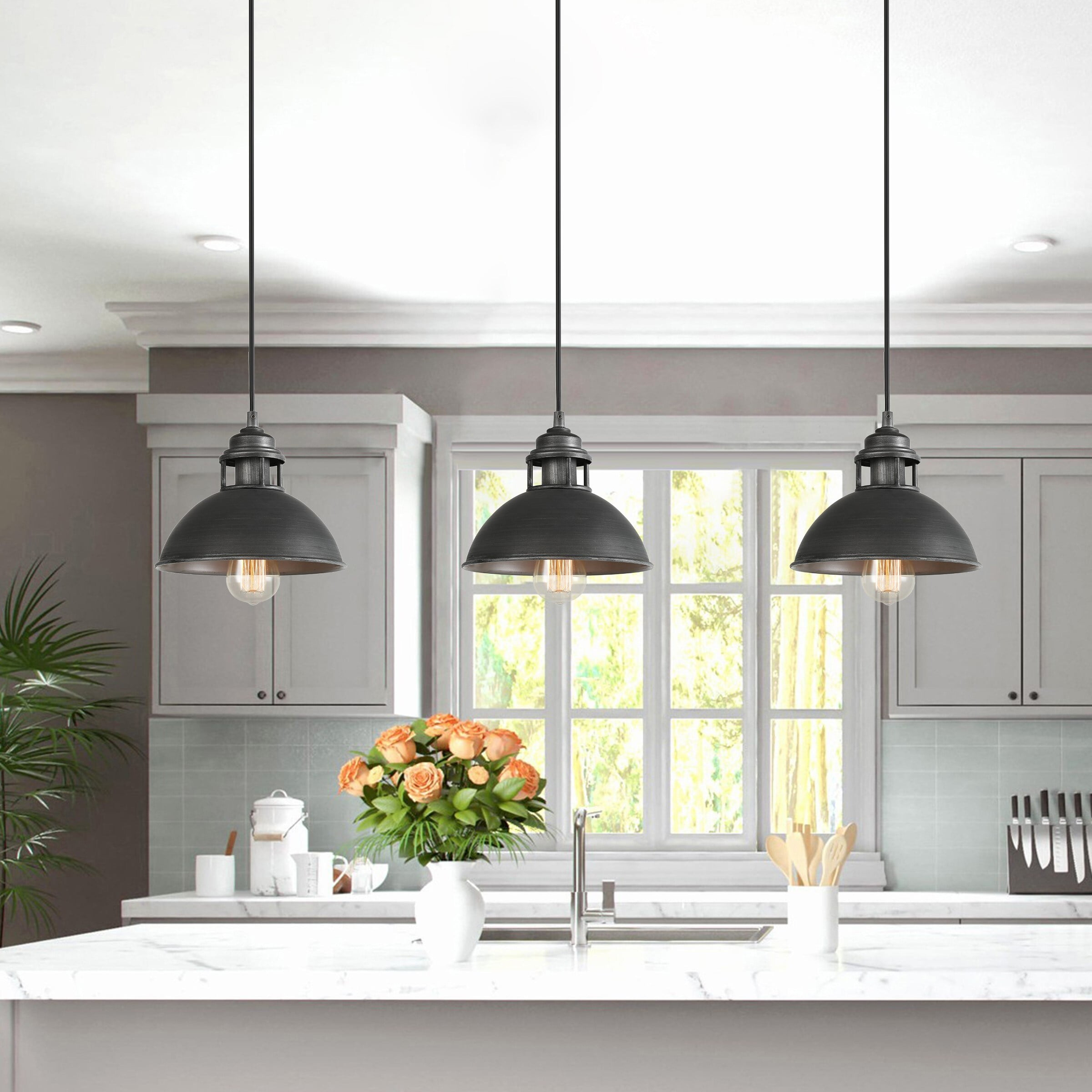 Modern Farmhouse 1-Light Brushed Metal Pendant Industrial Dome Kitchen Island Lights - 9.1'' L x 9.1'' W x 8'' H