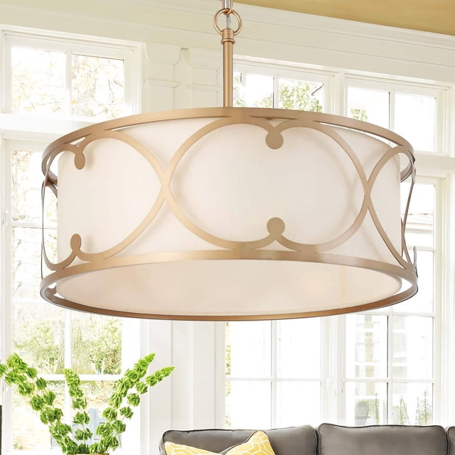 Modern Farmhouse 3-light Dining Drum Chandelier Pendant Lights with Fabric Shade - D17.5"x H 14"