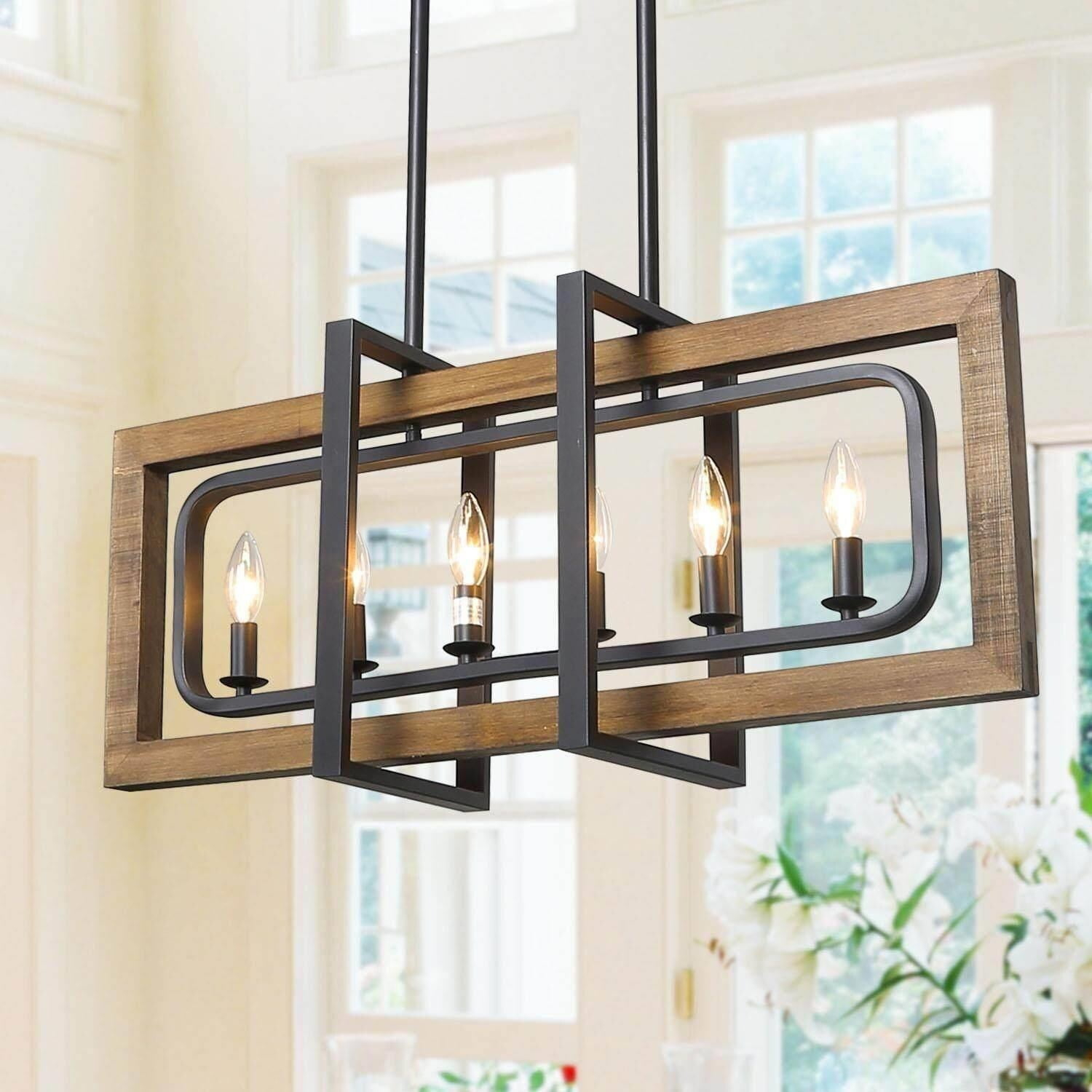 LNC Modern Farmhouse 6-Light Wood Chandelier Rectangle Island Lights for Dining Room - W31.5" X E8.7" X H13.8"