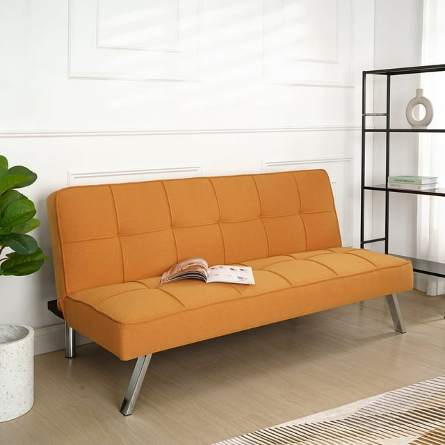 Modern Futon Sofa Bed - Compact Design for Small Spaces - Convertible Futon with Linen Fabric for Premium Comfort - Ideal Guest Couch - Stylish & Durable, Supports up to 750 lbs. - Tangerine