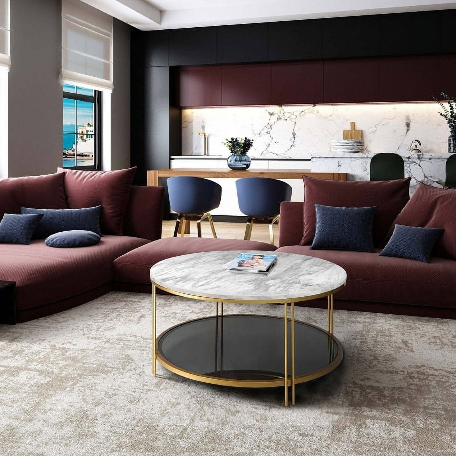 Modern Glam 36" Round Modern Cocktail Glass Coffee Table Storage Shelf with 4 Gold Cross Legs Faux Marble Veneer 3 and 4 Legs white/golden D36"xH17"