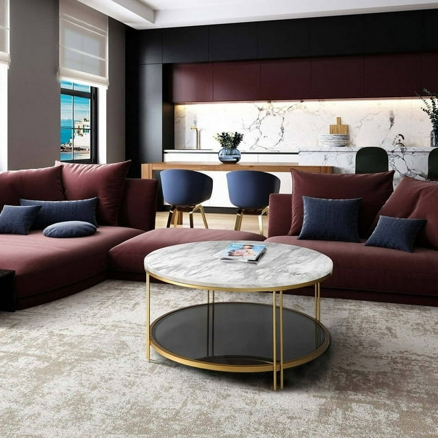 Modern Glam 36" Round Modern Cocktail Glass Coffee Table Storage Shelf with 4 Gold Cross Legs Faux Marble Veneer 3 and 4 Legs white/golden D36"xH17"