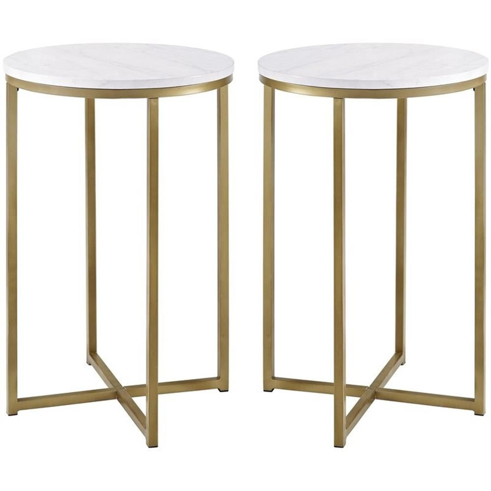 Walker Edison Cora Modern Faux Marble Round Accent Table with X Base, 2 pack, Marble and Gold