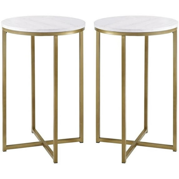 Walker Edison Cora Modern Faux Marble Round Accent Table with X Base, 2 pack, Marble and Gold