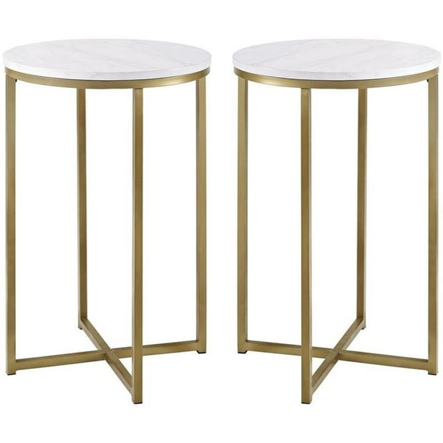 Walker Edison Cora Modern Faux Marble Round Accent Table with X Base, 2 pack, Marble and Gold