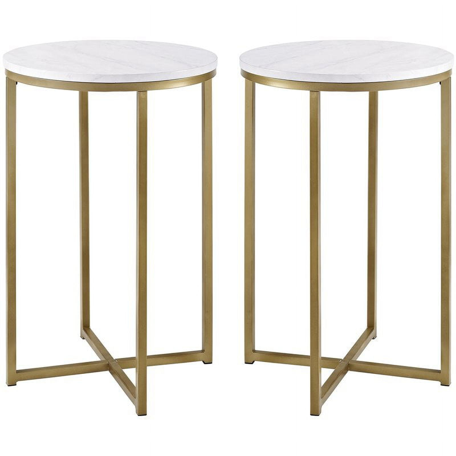 Walker Edison Cora Modern Faux Marble Round Accent Table with X Base, 2 pack, Marble and Gold