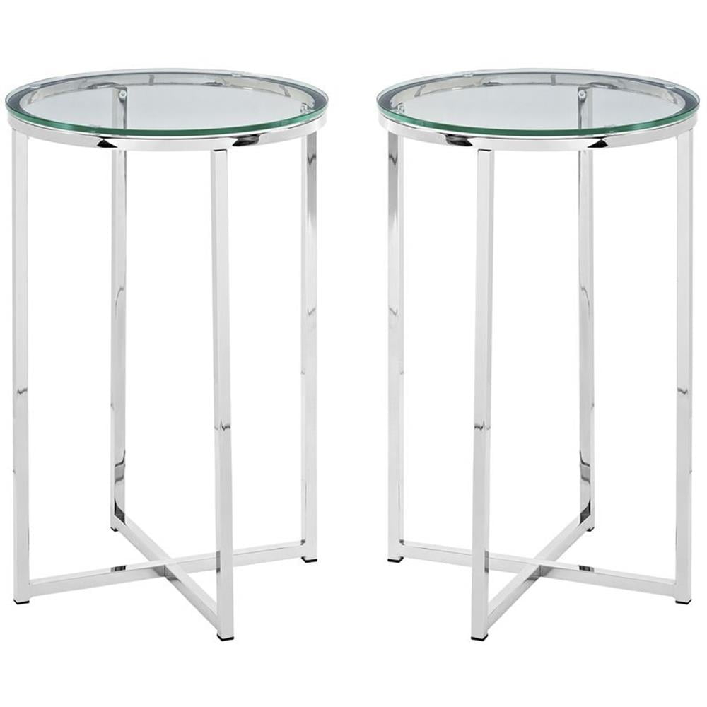 Modern Glam Metal-X-Leg End Table Set in Glass/Chrome (Set of 2)