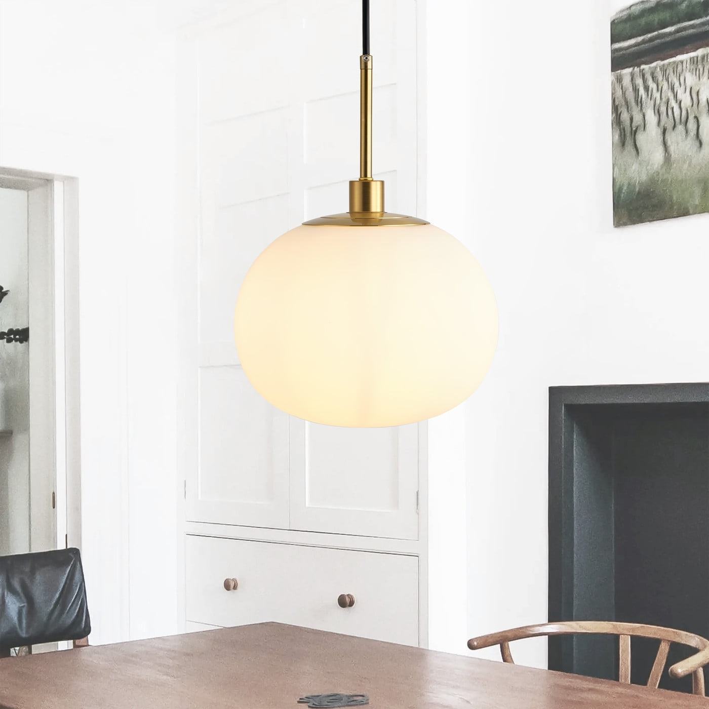 Modern Gold Kitchen Island Chandelier, Milky White Globe Shade Farmhouse Industrial Pendant Light Fixture