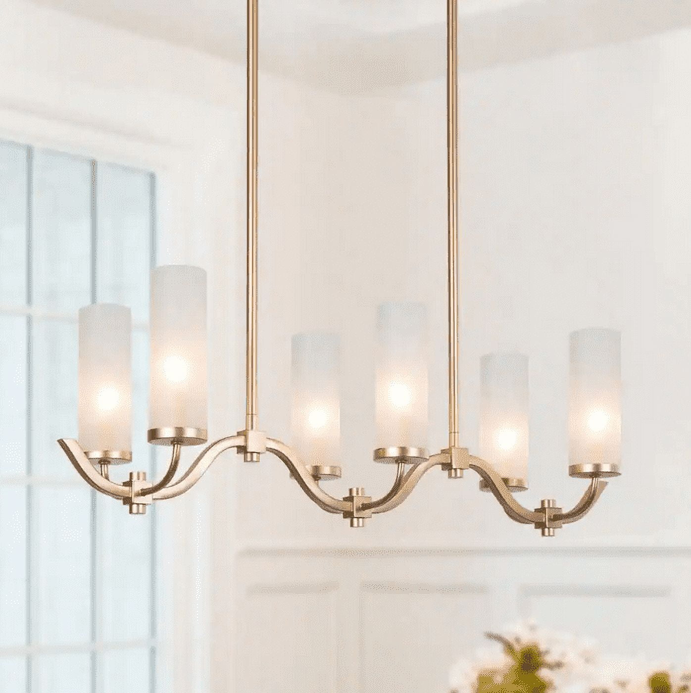 Modern Gold Linear Island Chandelier 6-Light Candlestick Chandelier with Cylinder Frosted Glass Shades