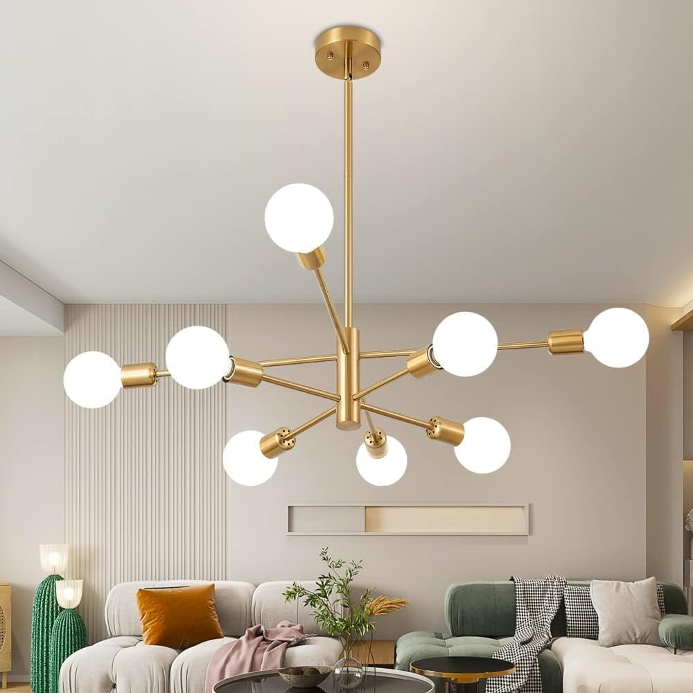 Modern Gold Sputnik Chandelier with 8 Lights E26 Mid Century Ceiling Lighting Fixtures for Living Room, Kitchen Island, Bedroom, Dining Room, and Farmhouse
