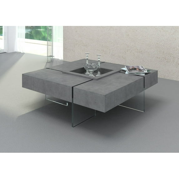 Modern Gray Faux Concrete and Glass Floating Coffee Table