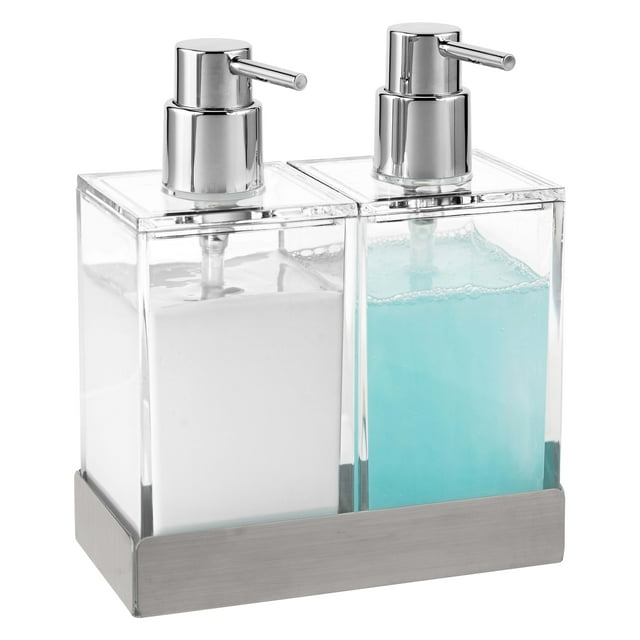 Modern Innovations Acrylic Twin Liquid Soap and Lotion Dispenser Set with Caddy - Double Soap Dispenser for Kitchen Sink - Clear Soap Dispenser for Bathroom, Shampoo, Conditioner, Body Wash