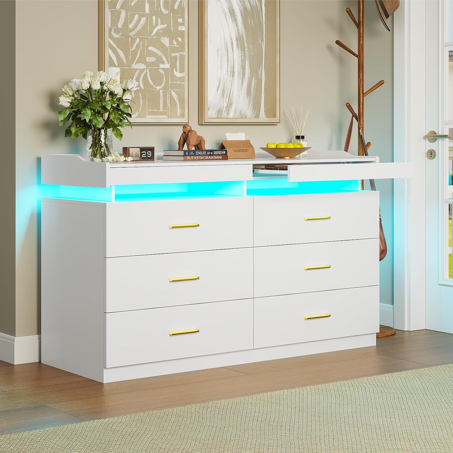 Modern LED Dresser for Bedroom, 6 Drawer Dresser with 2 Pull-Out Trays, Wide Dresser, White