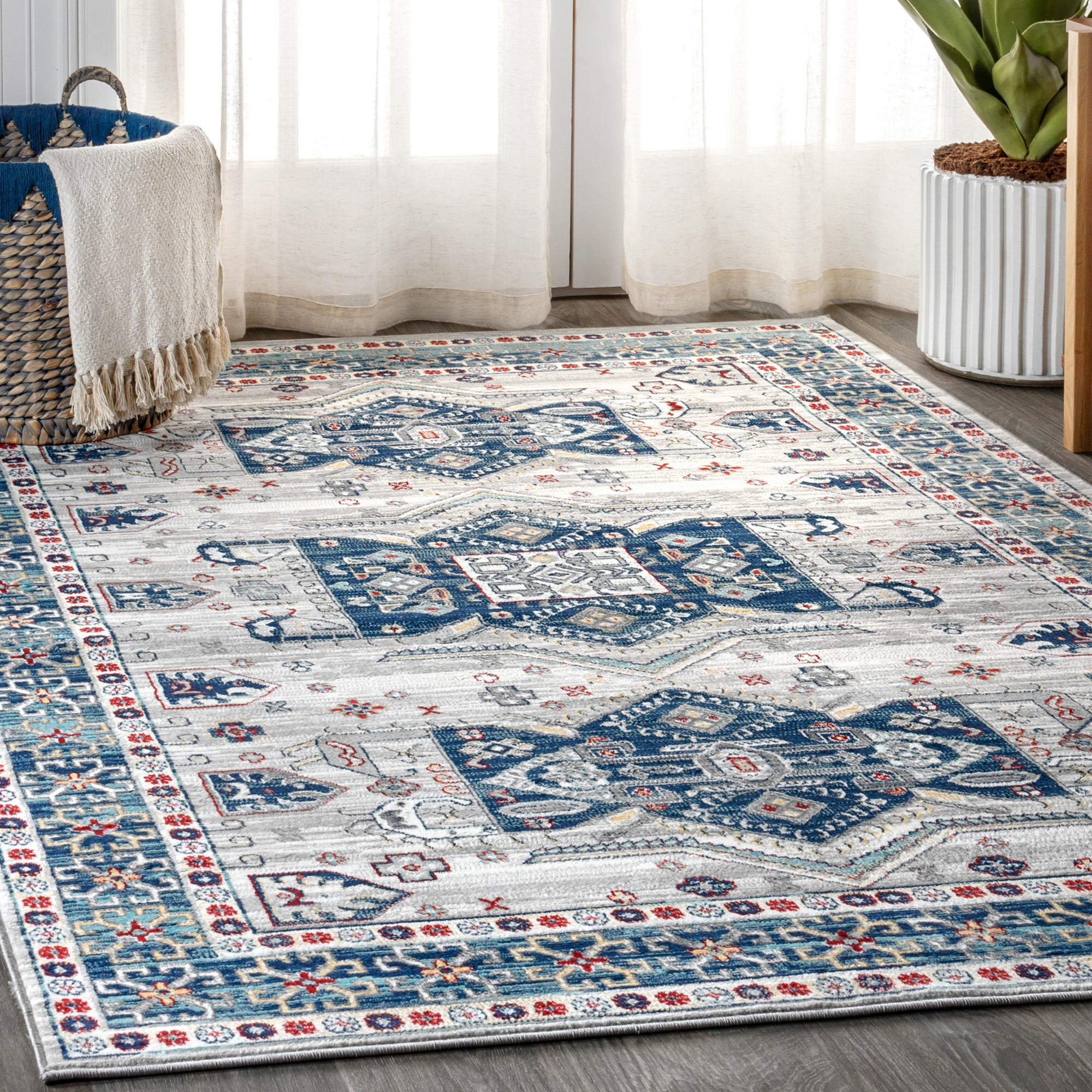 JONATHAN Y MDP108A-8 Modern Persian Vintage Medallion Blue/Light Grey 8 ft. x 10 ft. Area Rug, Country Floral, Pet Friendly, Stain Resistant, Easy to Clean, for Living Room; Kitchen, Bedroom