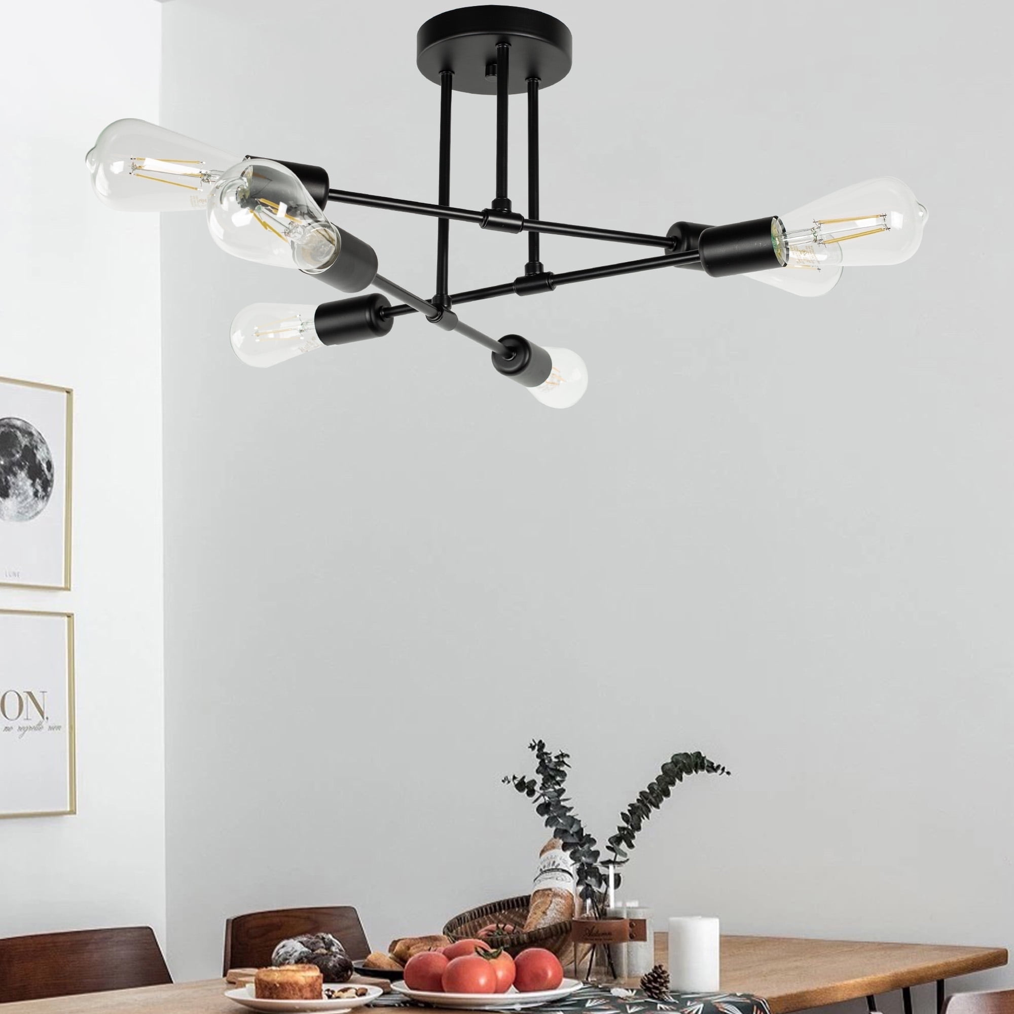 Modern Sputnik Chandeliers, 6-Light Ceiling Light Fixture for Bedroom, Kitchen, Dining Room, Living Room, Black with E26 Bulb Base