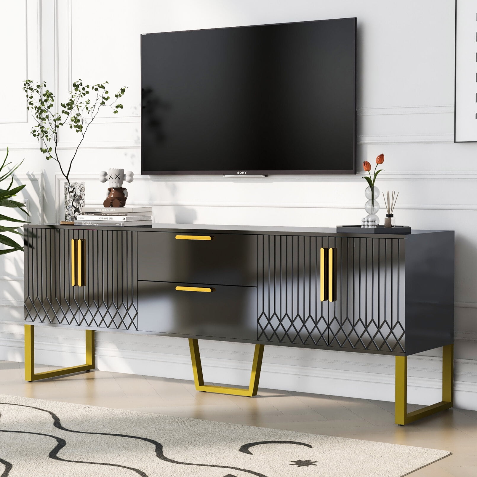 TV Stand for TVs up to 75", Media Entertainment Center with Ample Storage Capacity, Metal Legs and Handles, TV Console with Drawers and Cabinets for Living Room, Black
