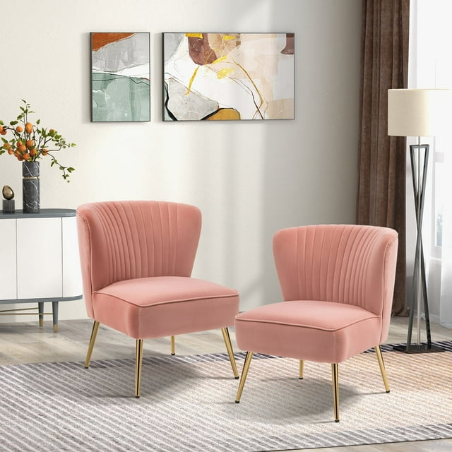 Modern Velvet Accent Chair Set of 2 Upholstered Side Chairs Gold Leg Home Bedroom Pink