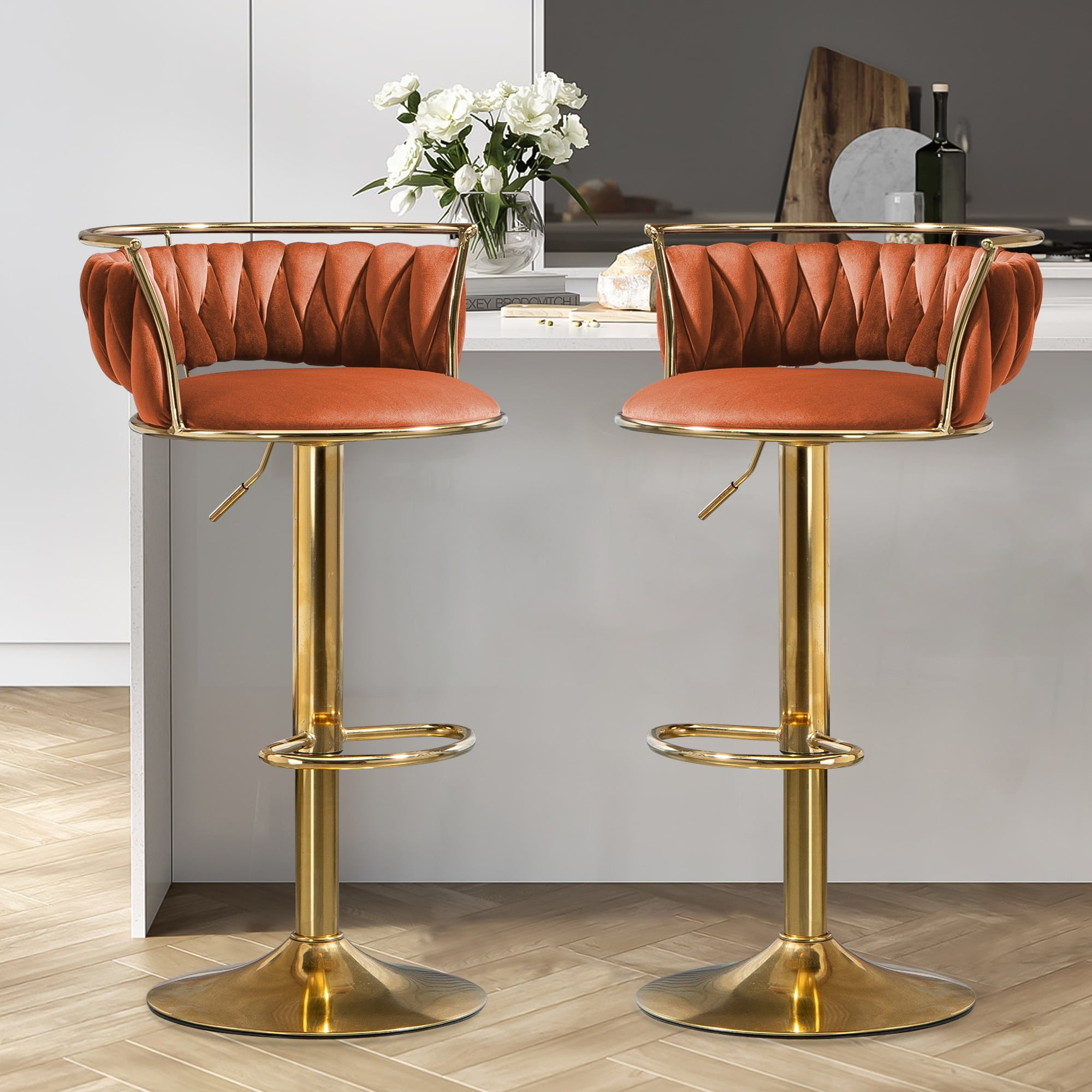 Modern Velvet Adjustable Swivel Bar Stools Set of 2 Orange