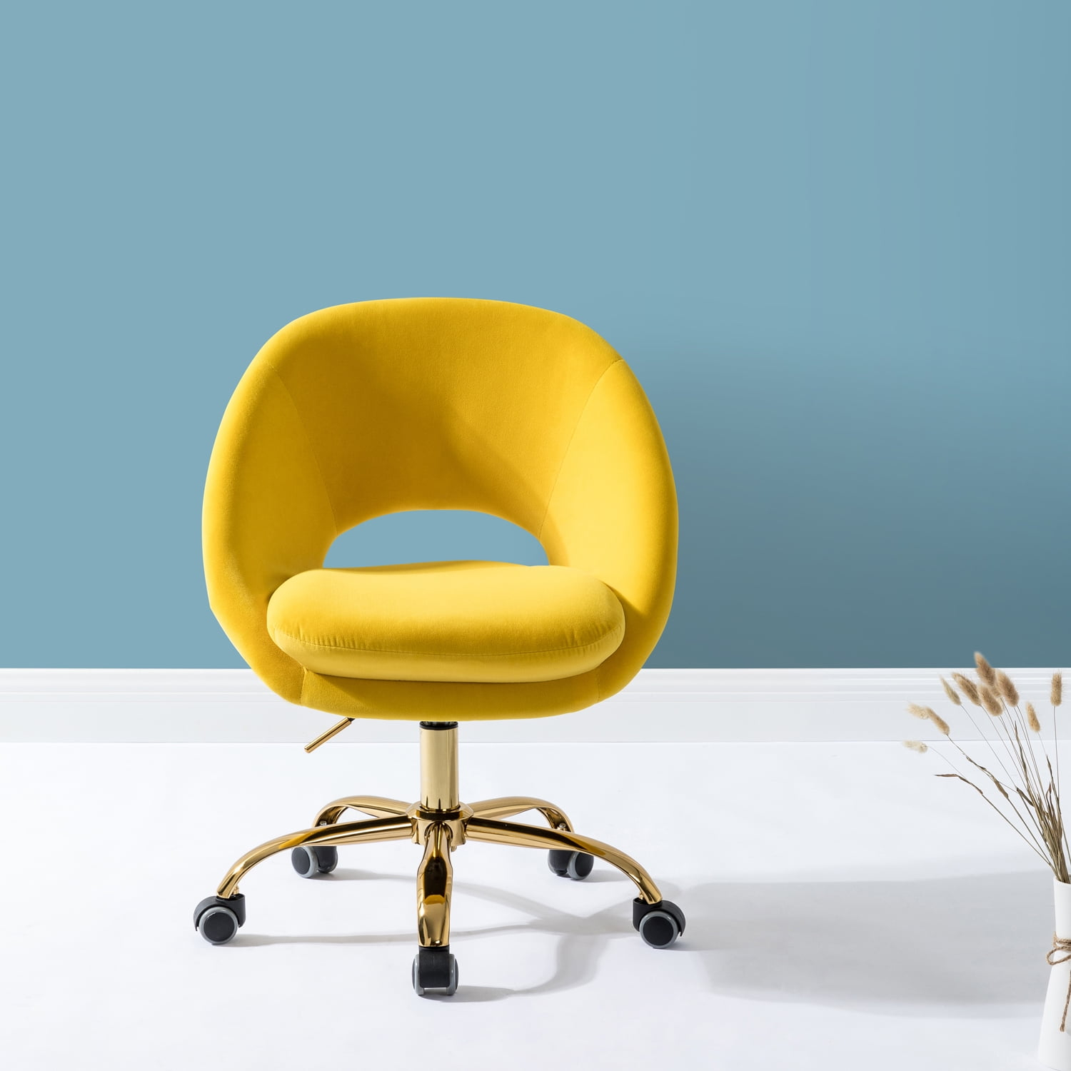 Modern Velvet Office Chair Swivel Salon Chair, Comfy Upholstered Desk Chair with Open Back, Small Cute Chair for Living Room Study Vanity, Yellow