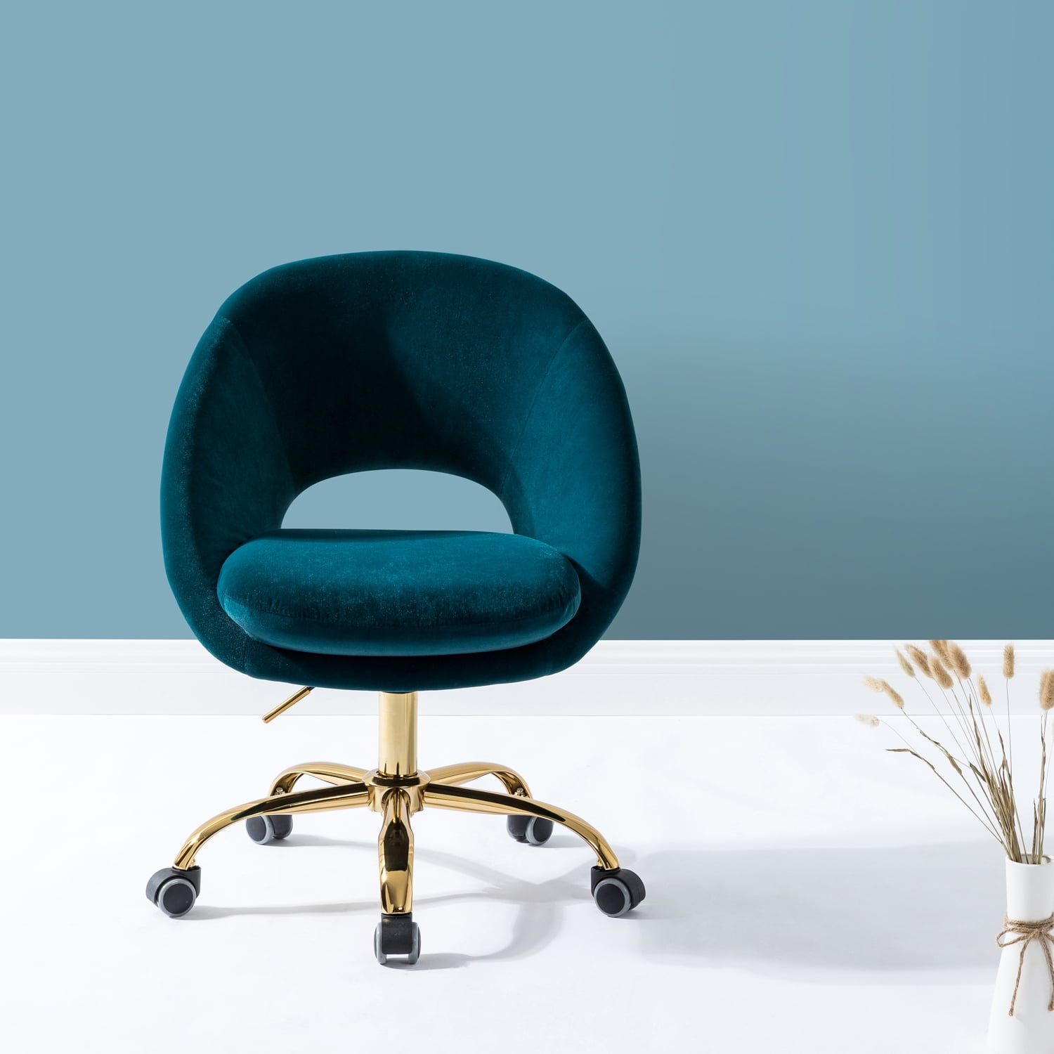 Modern Velvet Office Desk Chair Adjustable Swivel Upholstered Open Back Living Room Vanity Teal