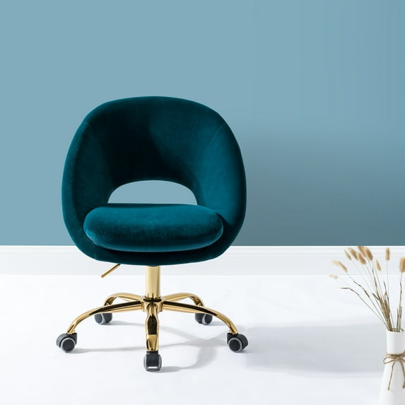 Modern Velvet Office Desk Chair Adjustable Swivel Upholstered Open Back Living Room Vanity Teal