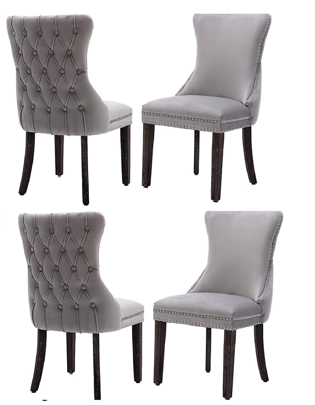 Modern Velvet Upholstered Dining Chairs with Back Button Nailhead Trim Accent Side Chairs with Wood Legs for Kitchen Dining Room(Gray,Set of 4)