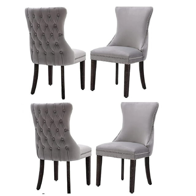 Modern Velvet Upholstered Dining Chairs with Back Button Nailhead Trim Accent Side Chairs with Wood Legs for Kitchen Dining Room(Gray,Set of 4)