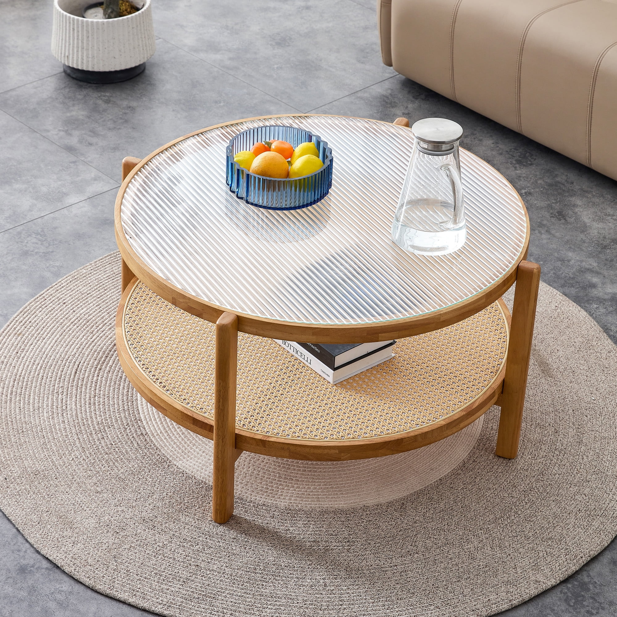 Natural Wood and Glass Round Coffee Table with Rattan Shelf