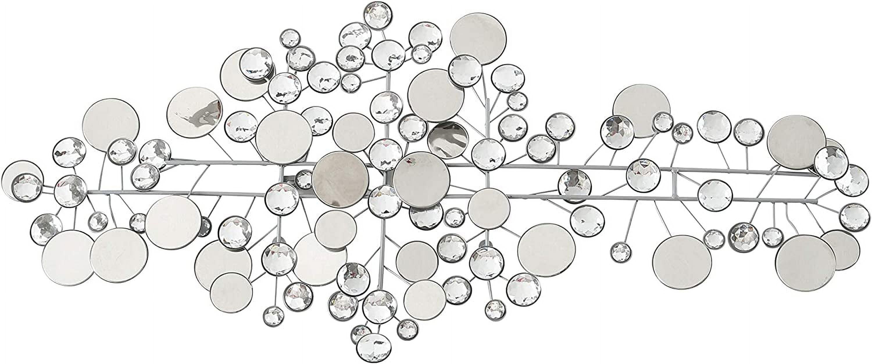 Modernist Floating Circles, Abstract Metal Wall Art, Artisan Crafted, Roundels of Silver, Mirrors, Faux Multi Carat Diamonds, Iron, Over 3 Ft Long, Hangers on Back