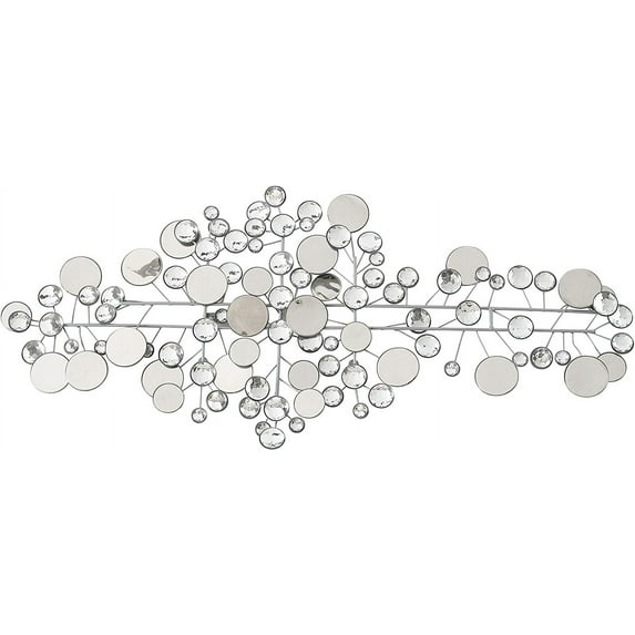 Modernist Floating Circles, Abstract Metal Wall Art, Artisan Crafted, Roundels of Silver, Mirrors, Faux Multi Carat Diamonds, Iron, Over 3 Ft Long, Hangers on Back