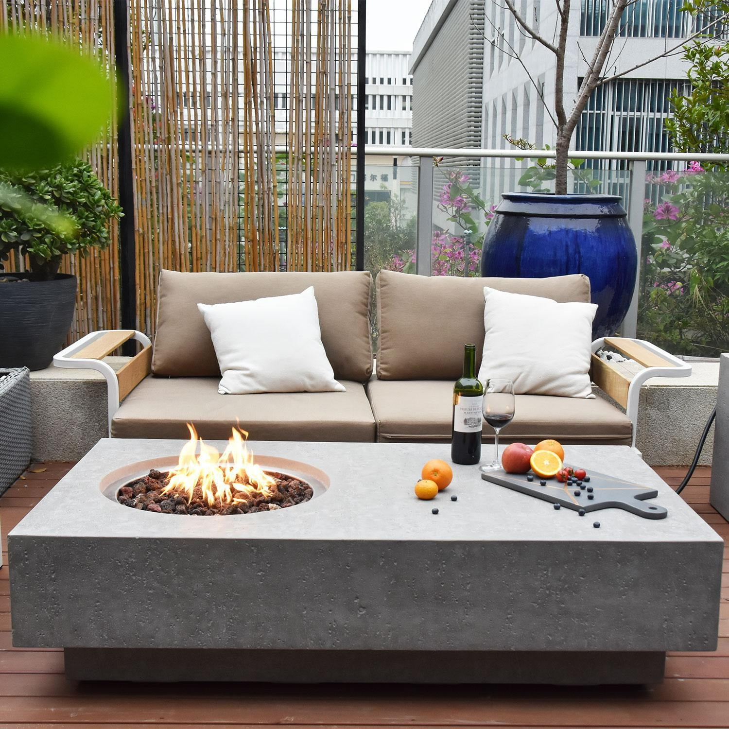 Modernview 56 Inch Rectangular Concrete Natural Gas Fire Pit Table in Light Gray By Lakeview Outdoor Designs