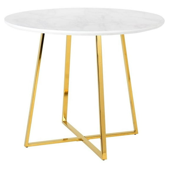 Modrest Swain Round Modern Faux Marble & Metal Dining Table in Gold/White