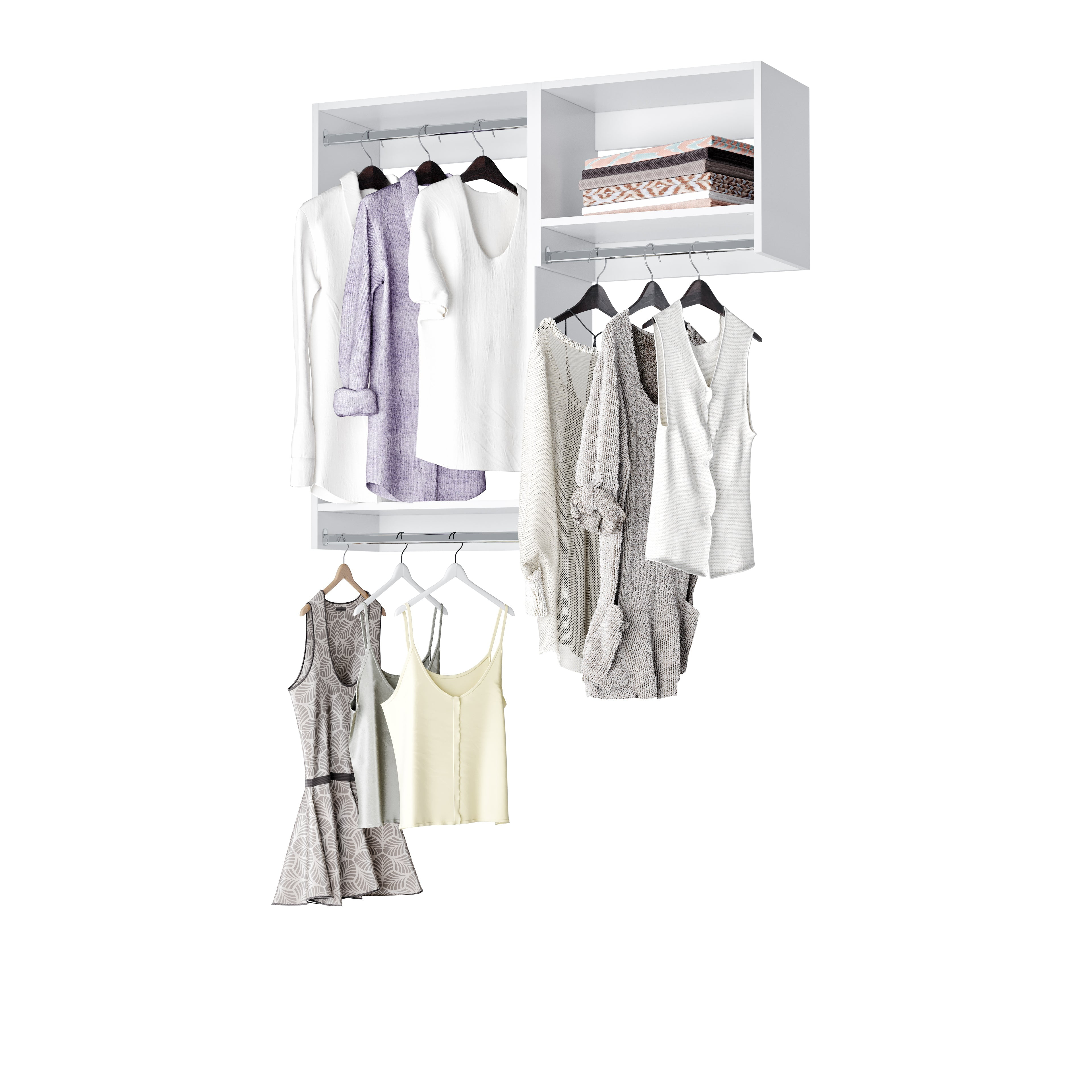 Modular Closet System - Wall Mounted Closet Rod Hanging Closet Organizer and Clothes Storage System For 51" Closet, White